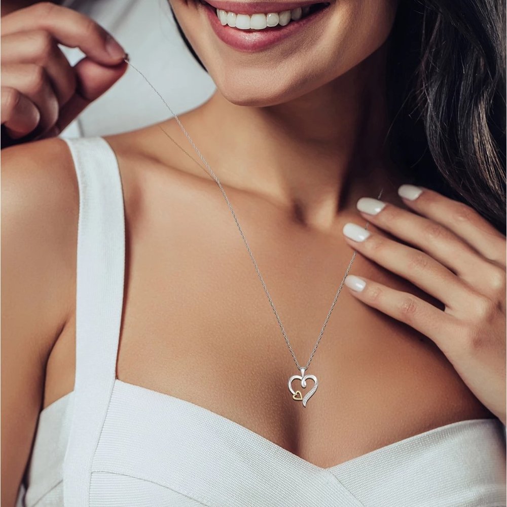 Diamond Accent Two-Tone Heart 18" Pendant Necklace in Sterling Silver & 10k Gold